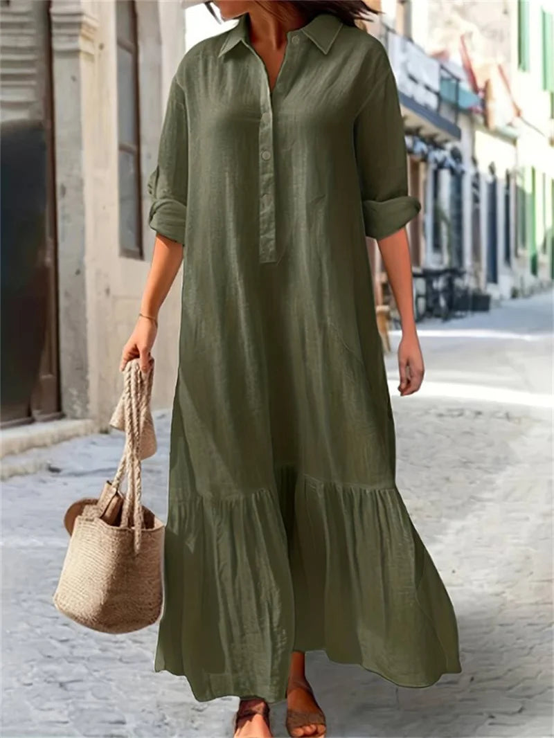 Women Simple Style Solid Color Cotton Linen Dresses
