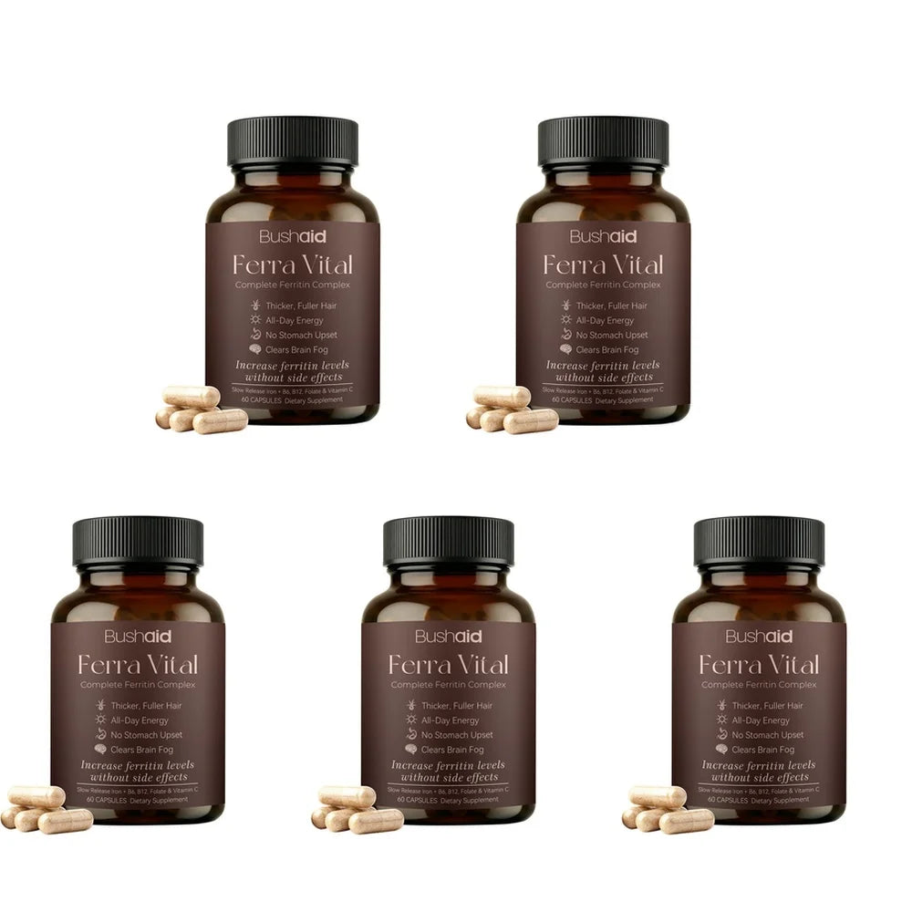 BushAid Ferra Vital Hair+ Capsules with Slow Release Iron, Zinc, Vitamins C, B6, B12, Folate for Strength and Shine 60 Capsules