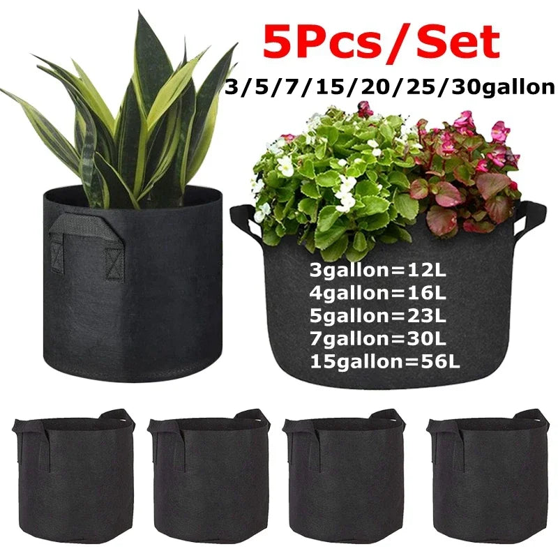 5-Pack 5 Gallon Grow Bags – Heavy Duty Fabric Pots with Handles for Vegetables, Flowers & Fruit Gardening