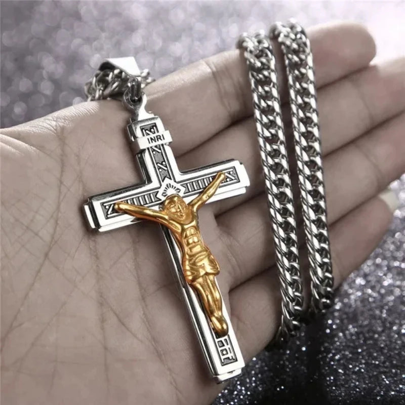 Premium 3D Engraved Stainless Steel Cross Necklace For Men Faith Jewelry, Waterproof & Sweatproof, No Fading Or Discoloration