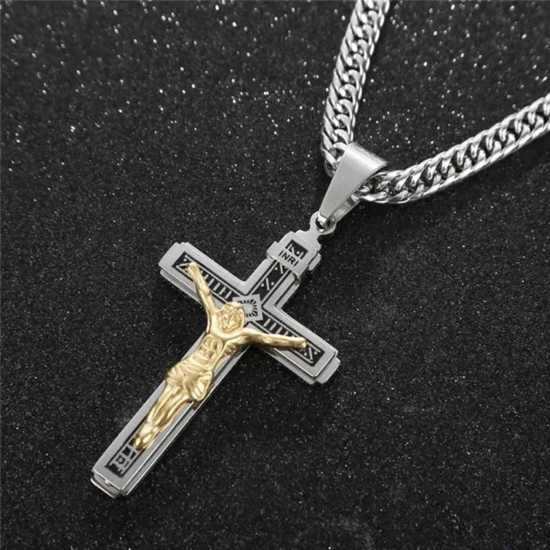 Premium 3D Engraved Stainless Steel Cross Necklace For Men Faith Jewelry, Waterproof & Sweatproof, No Fading Or Discoloration