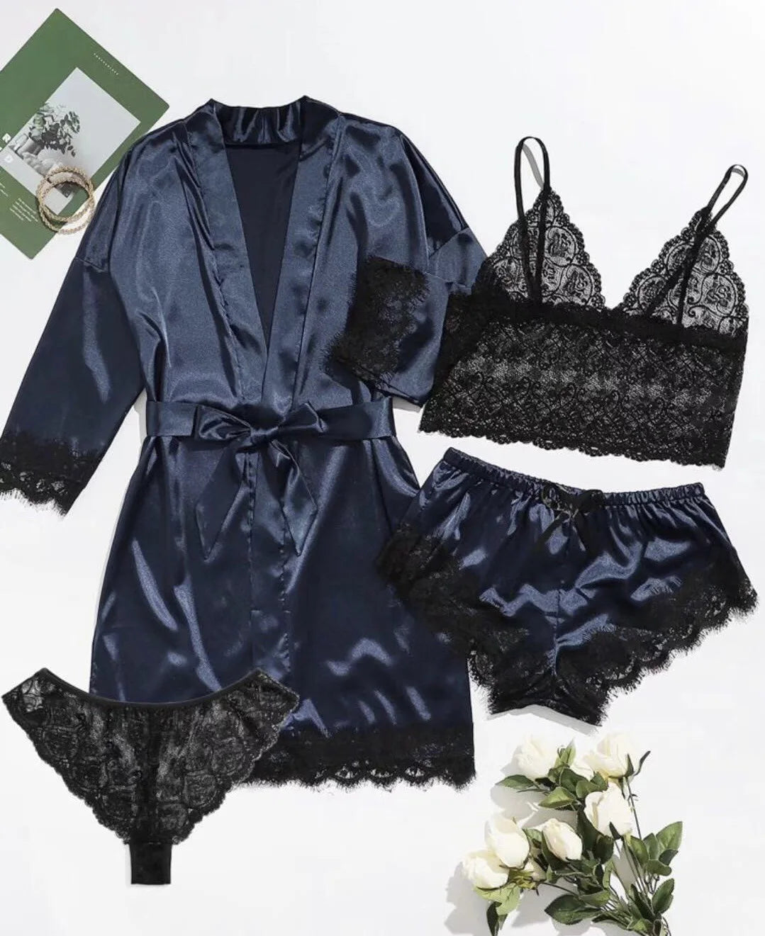 4pcs Women Striped Lingerie Set Lace Trim Robe Camisole Shorts Panties Nightwear Sleepwear