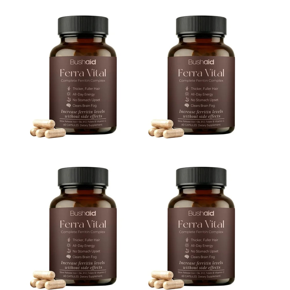 BushAid Ferra Vital Hair+ Capsules with Slow Release Iron, Zinc, Vitamins C, B6, B12, Folate for Strength and Shine 60 Capsules