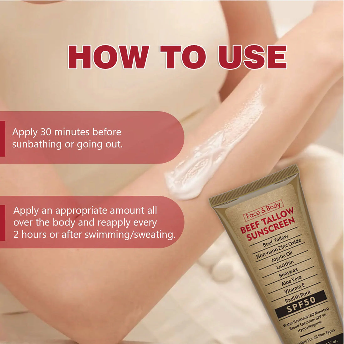 Organic Grass-Fed Beef Tallow Sunscreen SPF50 Long-lasting Sun Protection Face & Body Sunscreen Waterproof and Sweat-proof