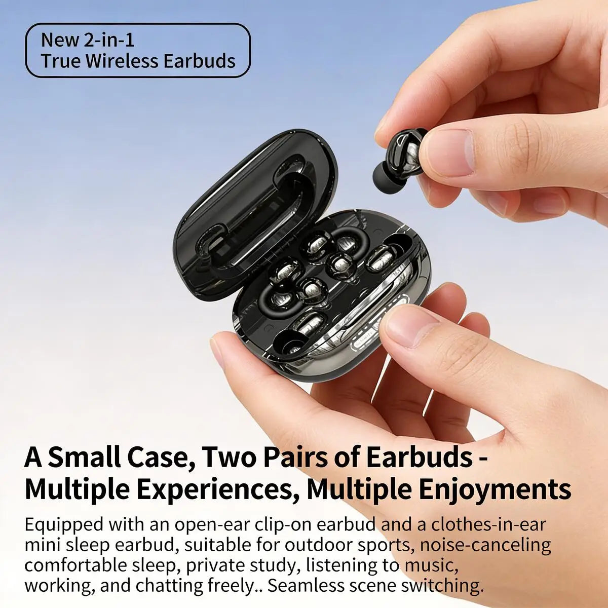 3-in-1 Wireless Earbuds with Power Bank Charging Case – Clip-On & Sleep Bluetooth Headphones with 4 Earbuds, Noise Cancellation, IPX5 Water Resistant for Sports & Sleep