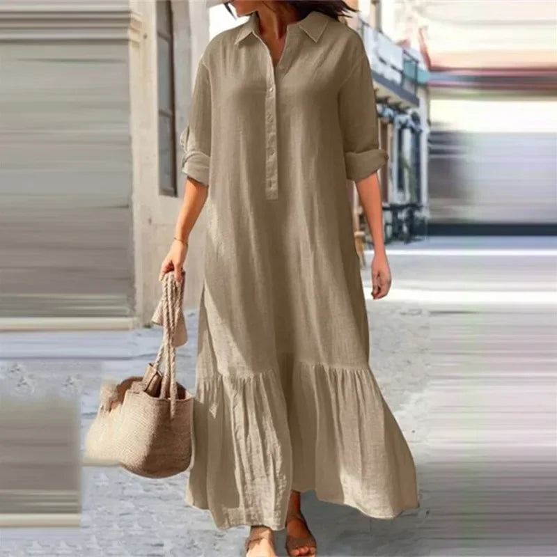 Women Simple Style Solid Color Cotton Linen Dresses