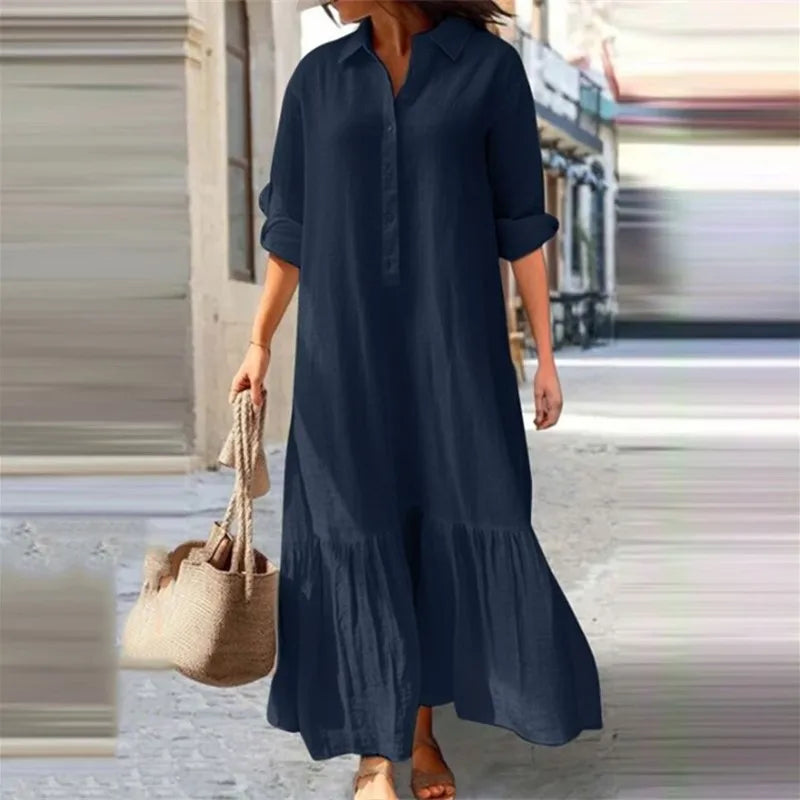 Women Simple Style Solid Color Cotton Linen Dresses