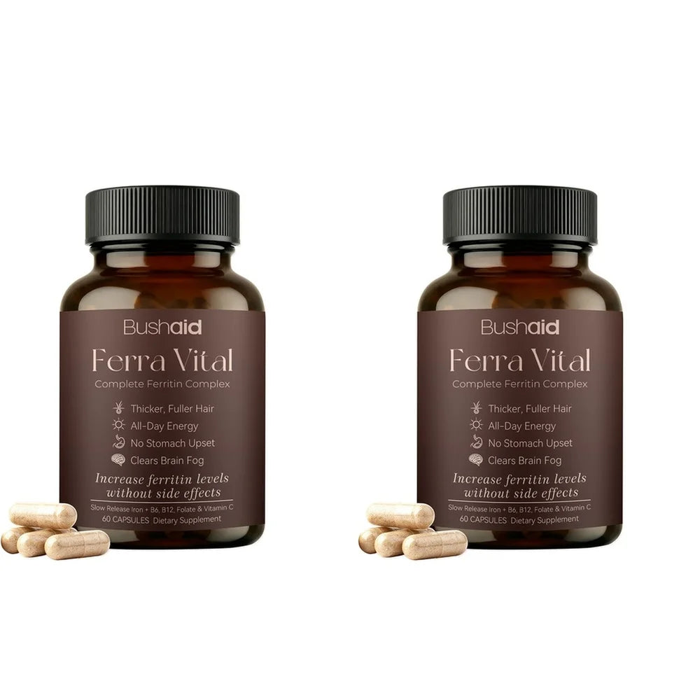 BushAid Ferra Vital Hair+ Capsules with Slow Release Iron, Zinc, Vitamins C, B6, B12, Folate for Strength and Shine 60 Capsules