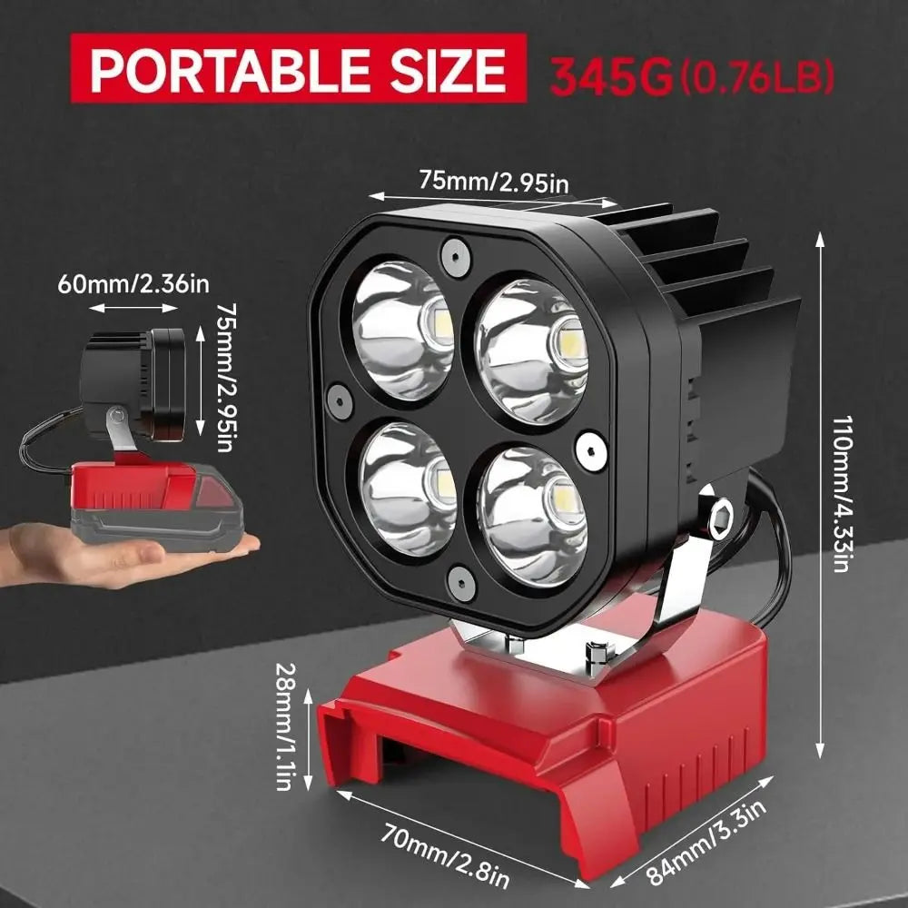Portable 40W LED Work Light 6000LM 12-24V Battery Spotlight 6500K Garage Light for Milwaukee M18 Construction
