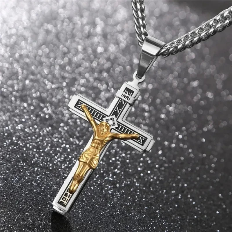 Premium 3D Engraved Stainless Steel Cross Necklace For Men Faith Jewelry, Waterproof & Sweatproof, No Fading Or Discoloration