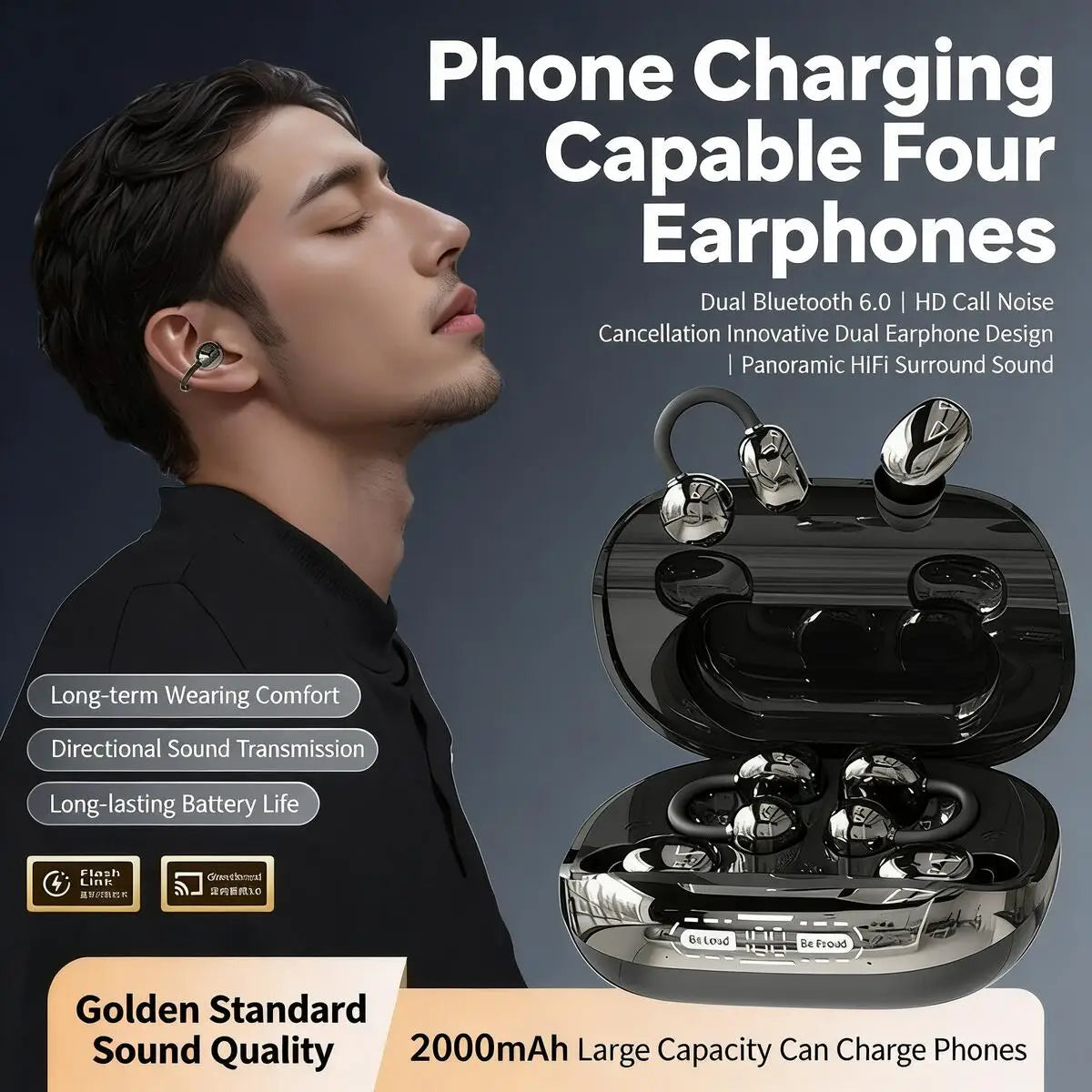 3-in-1 Wireless Earbuds with Power Bank Charging Case – Clip-On & Sleep Bluetooth Headphones with 4 Earbuds, Noise Cancellation, IPX5 Water Resistant for Sports & Sleep