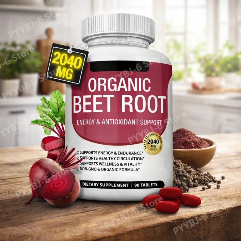 Organic Beet Root with Black Pepper Natural Energy Boost Immune Support Antioxidant Supplement Non-GMO Gluten Free 90 Tablets
