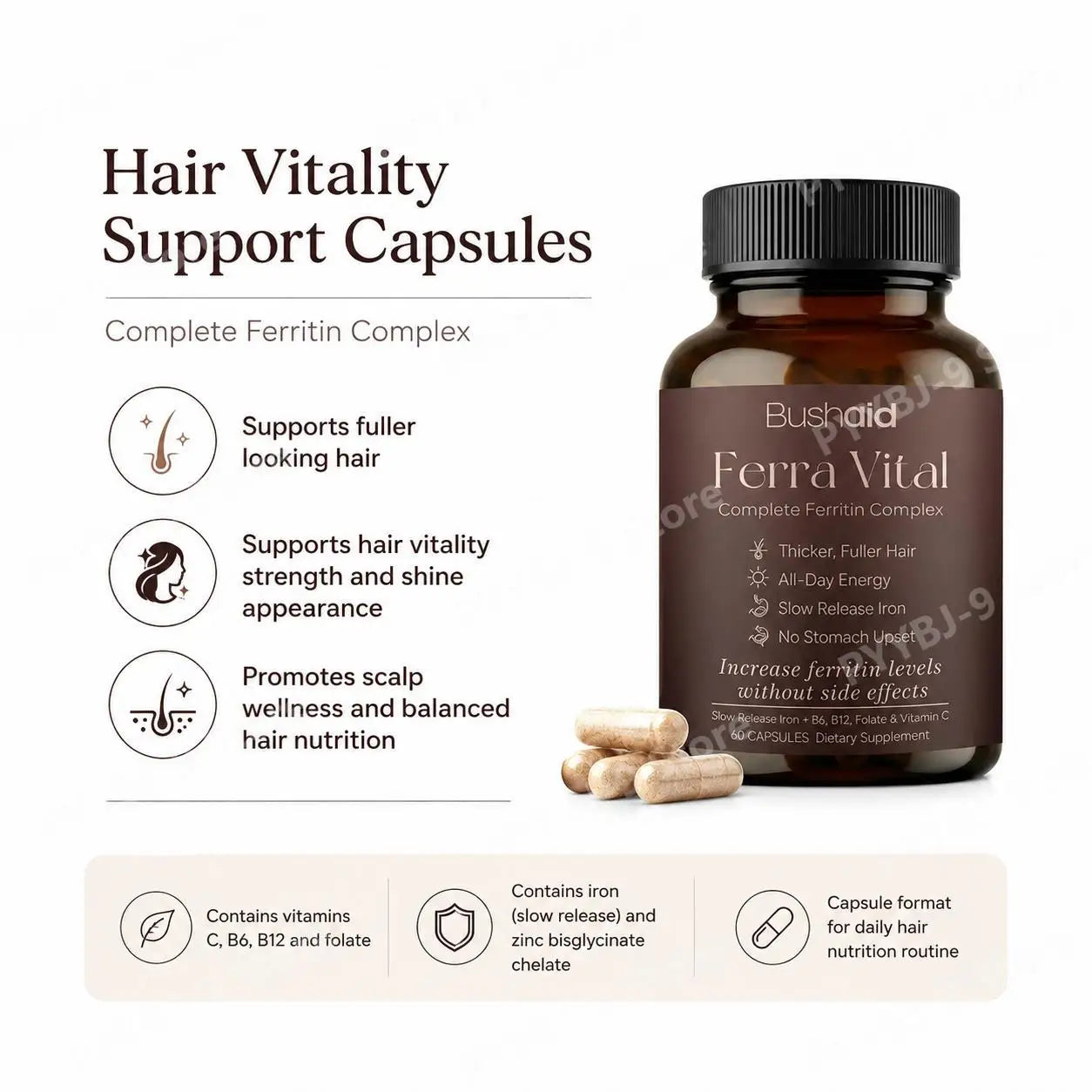 BushAid Ferra Vital Hair+ Capsules with Slow Release Iron, Zinc, Vitamins C, B6, B12, Folate for Strength and Shine 60 Capsules