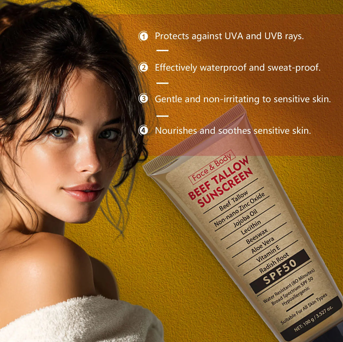 Organic Grass-Fed Beef Tallow Sunscreen SPF50 Long-lasting Sun Protection Face & Body Sunscreen Waterproof and Sweat-proof