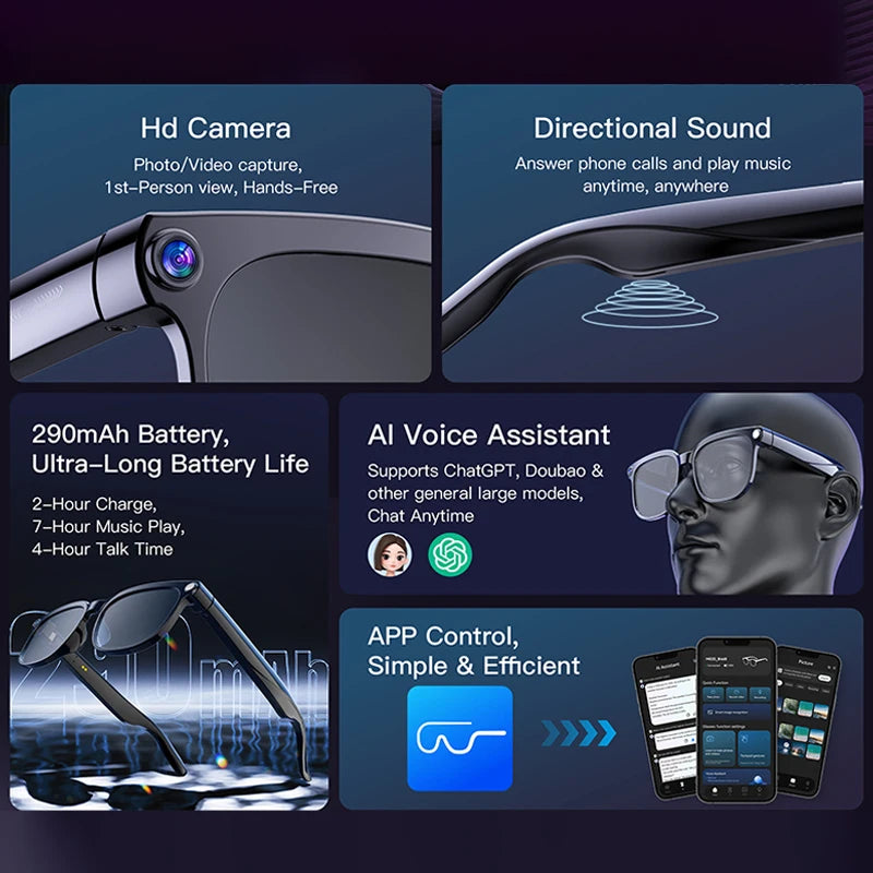 AI Smart Glasses AI Translation Smart Assistant 800W HD Camera Photo Video Recording