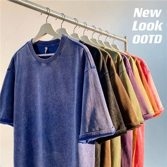 Tshirts for Men Gym Vintage Heavyweight T Shirts Cotton Workout Acid Wash Baggy Tees