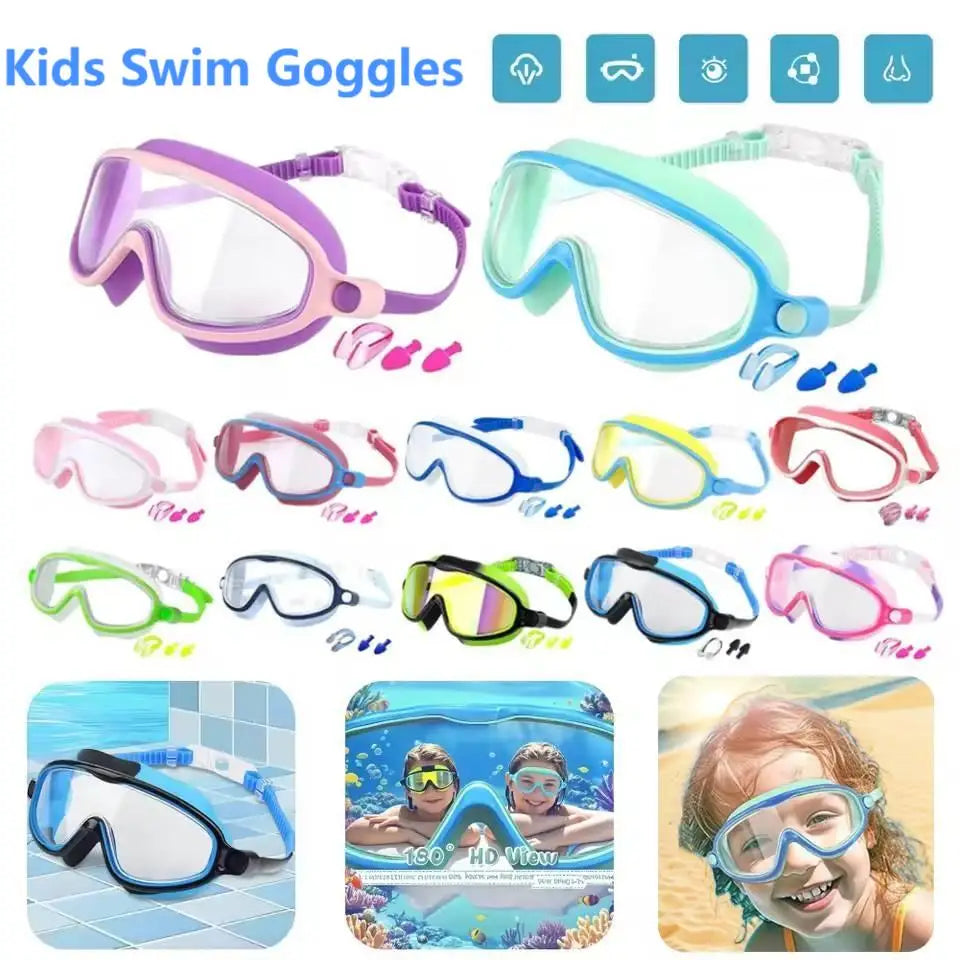Kids Swim Goggles with Nose Clip & Earplugs, Anti-Fog UV Protection for Boys & Girls Ages 2-15