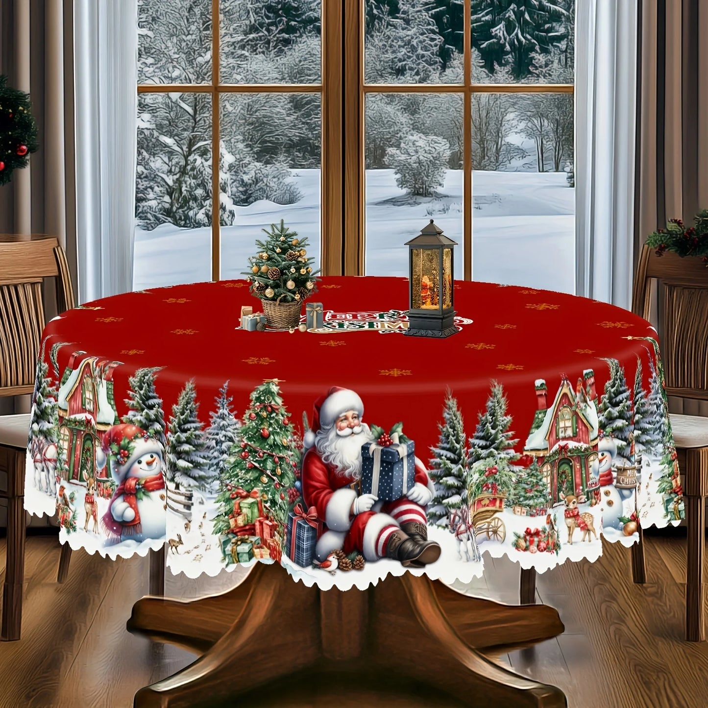 Christmas Themed Circular Rectangular Tablecloth Polyester Fiber Santa Claus Table Decoration