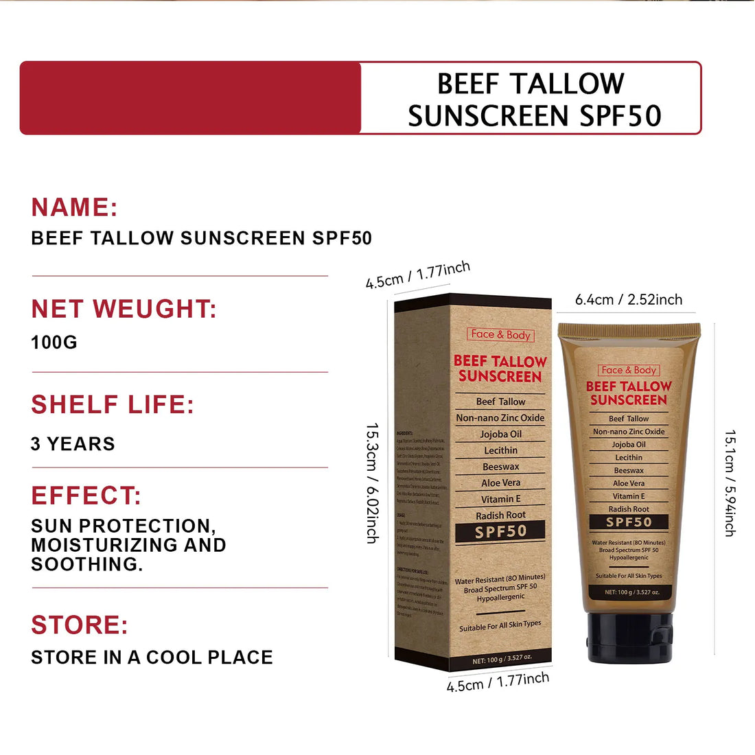 Organic Grass-Fed Beef Tallow Sunscreen SPF50 Long-lasting Sun Protection Face & Body Sunscreen Waterproof and Sweat-proof