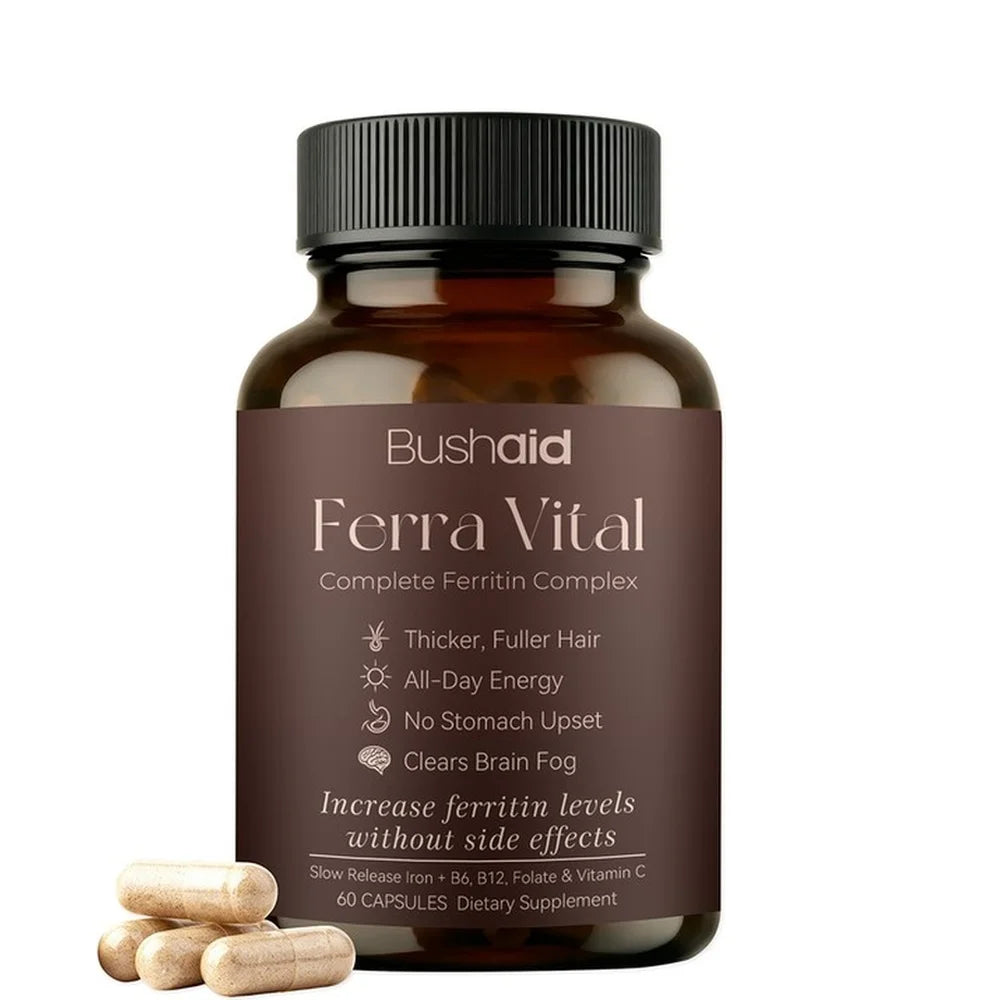 BushAid Ferra Vital Hair+ Capsules with Slow Release Iron, Zinc, Vitamins C, B6, B12, Folate for Strength and Shine 60 Capsules