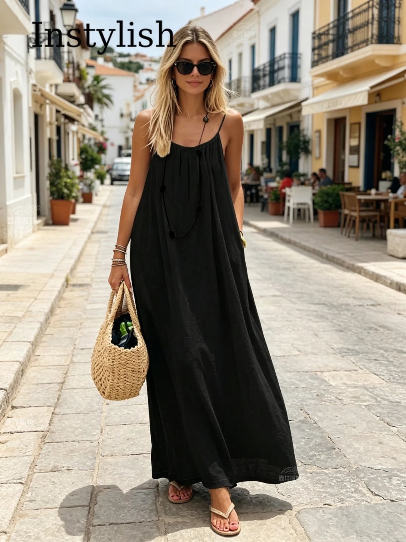 Backless Spaghetti Strap Cotton Long Dress