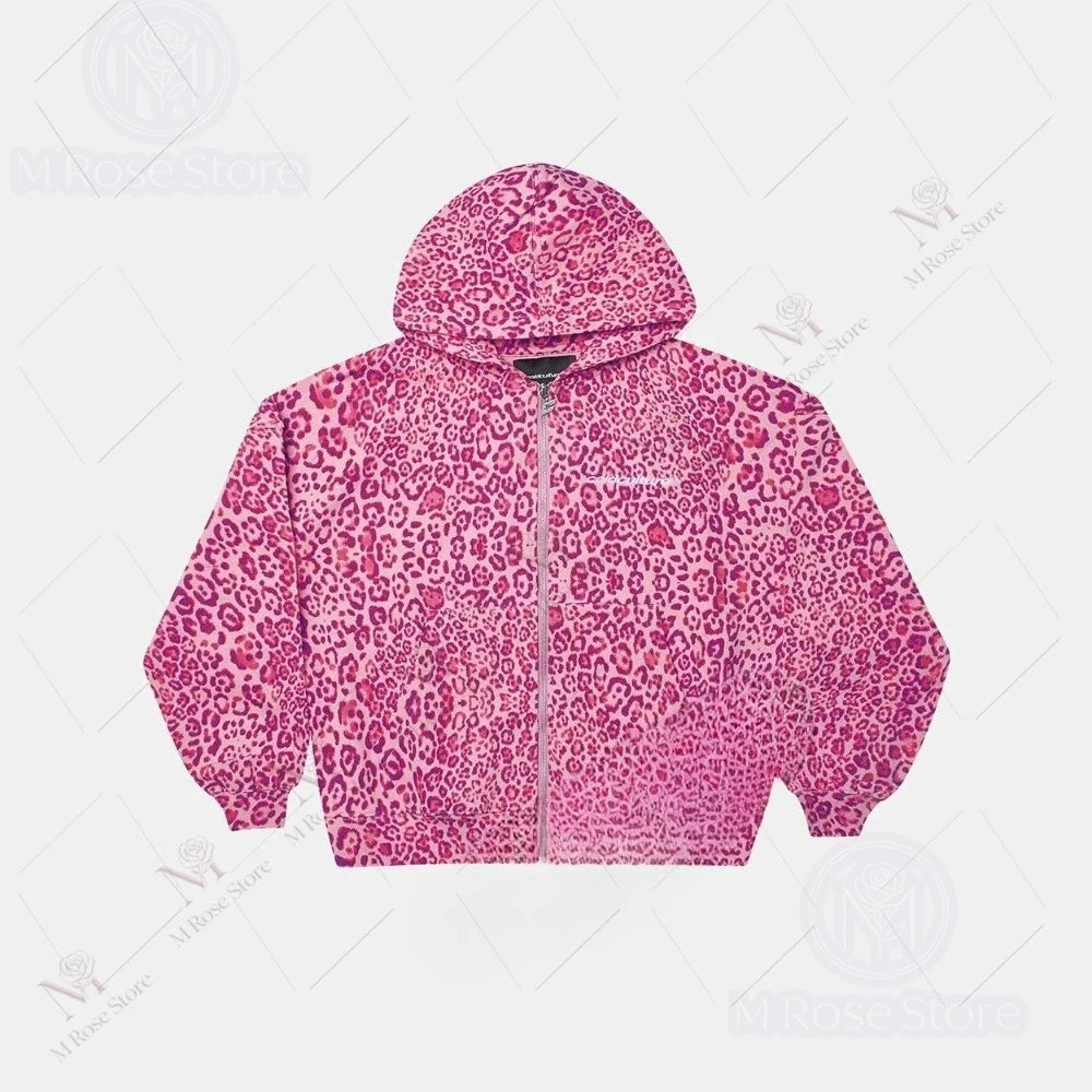 Retro Leopard Print Zipper Hoodie Sweatshirt Loose Casual Sportswear  Style Comfortable Streetwear