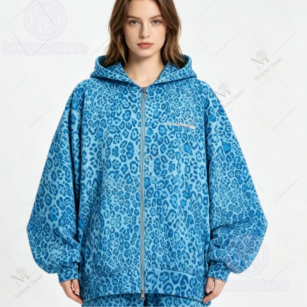 Retro Leopard Print Zipper Hoodie Sweatshirt Loose Casual Sportswear  Style Comfortable Streetwear