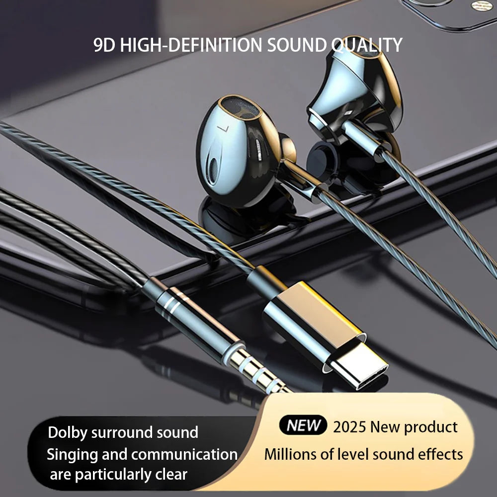 Wired Earphones USB Type C 3.5mm HiFi Headphones Bass Stereo With Volume Control Earbuds For Samsung Galaxy iPhone Huawei Xiaomi