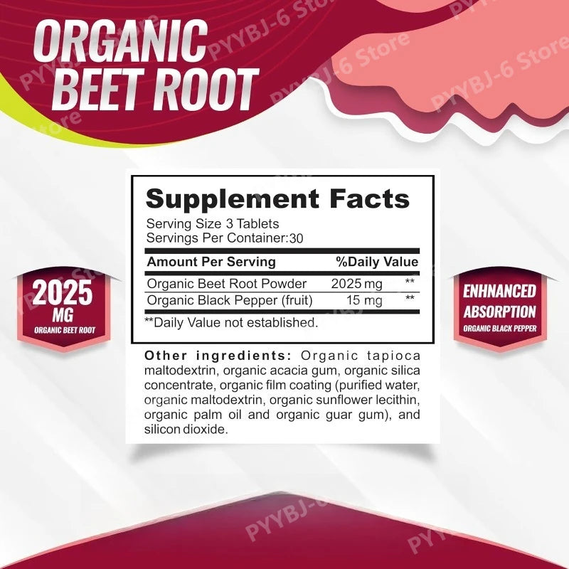 Organic Beet Root with Black Pepper Natural Energy Boost Immune Support Antioxidant Supplement Non-GMO Gluten Free 90 Tablets