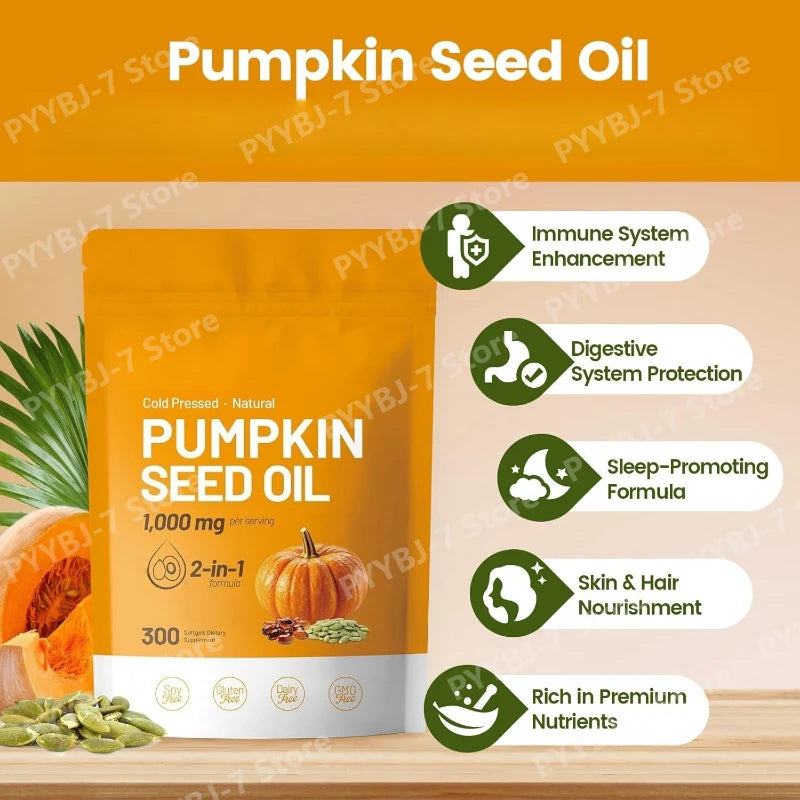 Pumpkin Seed Oil Capsules Cold Pressed Pure Virgin Oil Essential Fatty Acids Phytosterols 300 Softgels Supports Hair