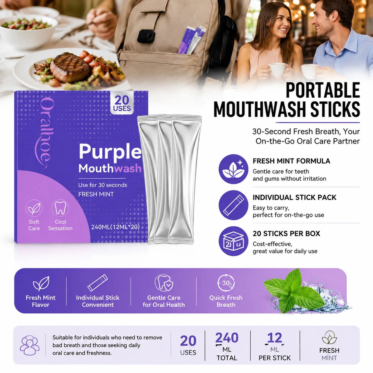 20pcs Purple Mouthwash Portable Strips Fresh