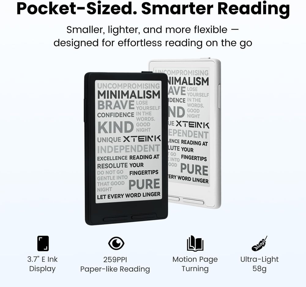3.7" Pocket Portable E Ink Ebook Reader with Gyro Page Turn & Magnetic Charging