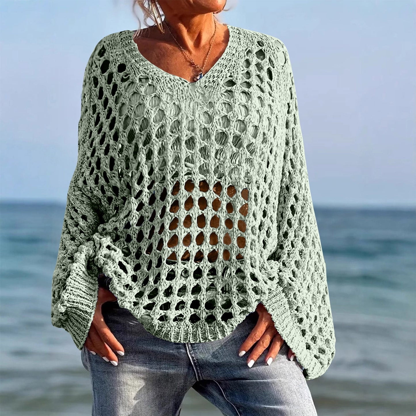 Women's Plus Size Crochet Sweater Oversized Hollow Out Long Sleeve