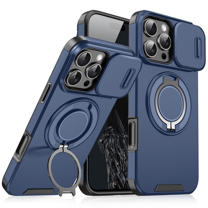 Case with Slide Camera Cover & Rotatable Ring Kickstand,  Grade Shockproof Protective Case for iPhone 11/12/13/14/15/16/17 Series