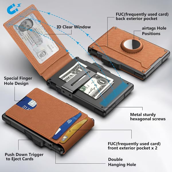 Men's Simple Bifold Wallet- with Pop Up Aluminum Case Money Clip Slim Leather Slots Credit Card Holder RFID Blocking Bifold Minimalist Wallet(🎁Perfect Gift)
