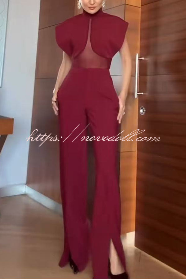 Vita Mesh Patchwork High Neck Wide Sleeve Bodysuit and High Rise Pocket Slit Pants Set