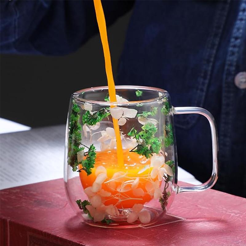 Transparent Double Glass Flower Tea Cup 350 ml