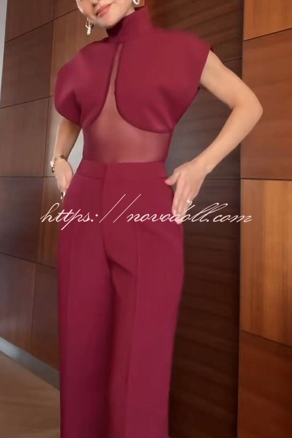 Vita Mesh Patchwork High Neck Wide Sleeve Bodysuit and High Rise Pocket Slit Pants Set
