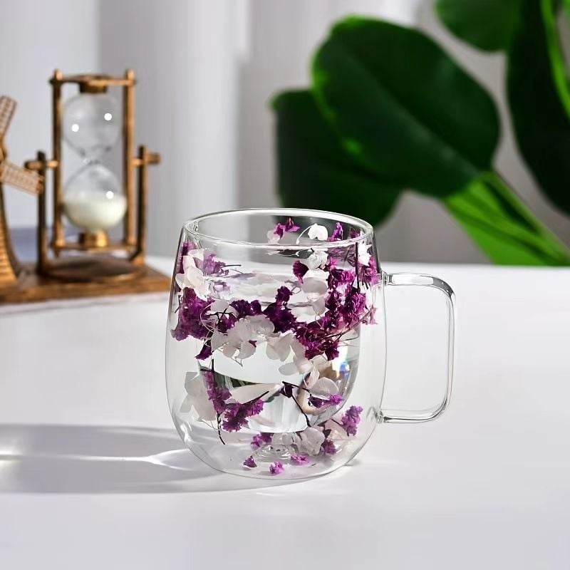 Transparent Double Glass Flower Tea Cup 350 ml
