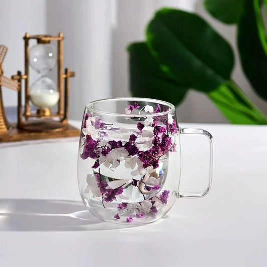 Transparent Double Glass Flower Tea Cup 350 ml