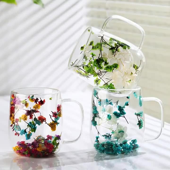 Transparent Double Glass Flower Tea Cup 350 ml