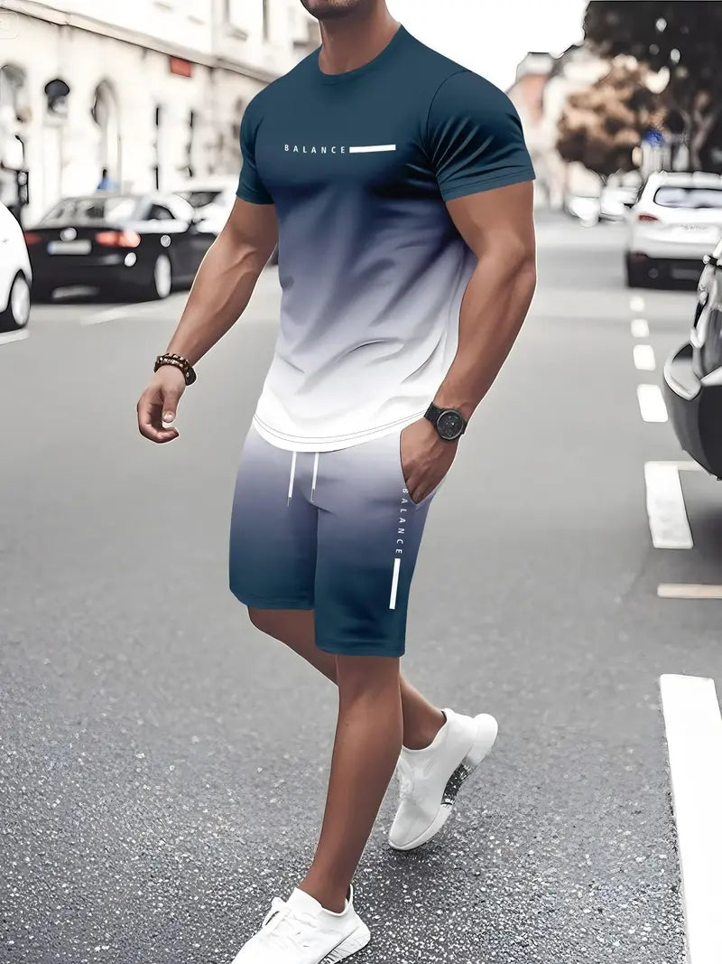 Men’s Gradient Short Sleeve Tracksuit 2-Piece Set