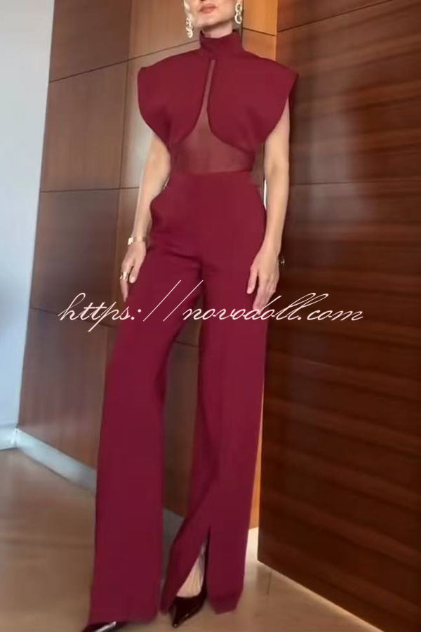 Vita Mesh Patchwork High Neck Wide Sleeve Bodysuit and High Rise Pocket Slit Pants Set