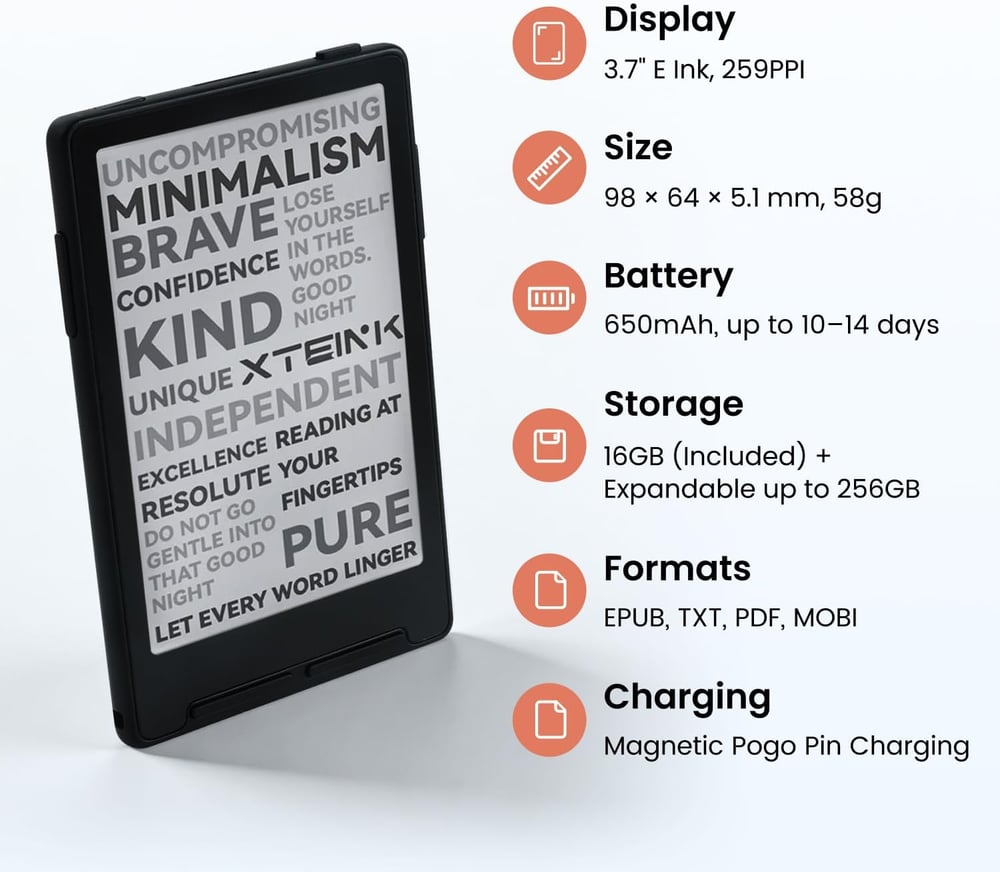 3.7" Pocket Portable E Ink Ebook Reader with Gyro Page Turn & Magnetic Charging