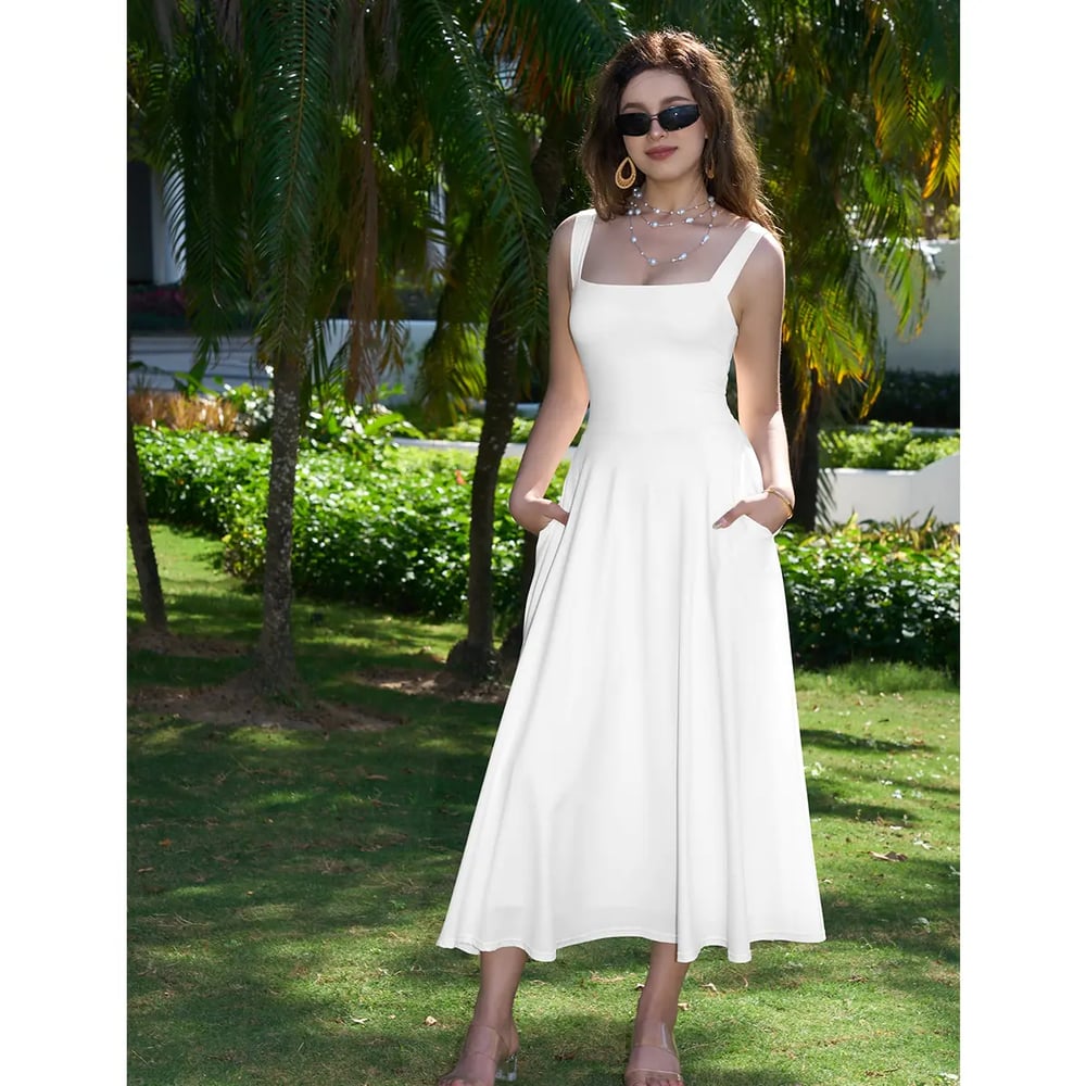 Women's Sleeveless Square Neck A-Line Maxi Dress with Pockets