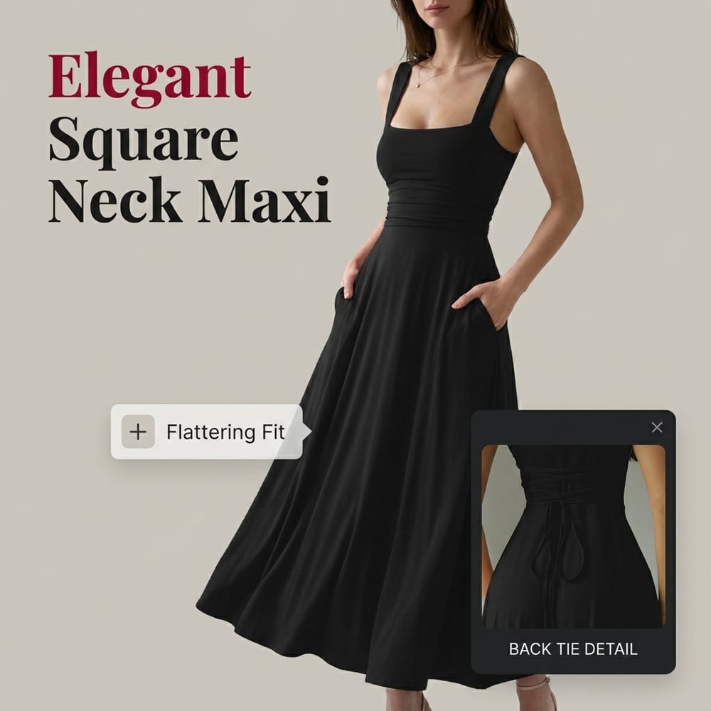 Women's Sleeveless Square Neck A-Line Maxi Dress with Pockets