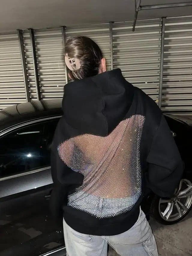 Backless Mesh Glitter Hoodie