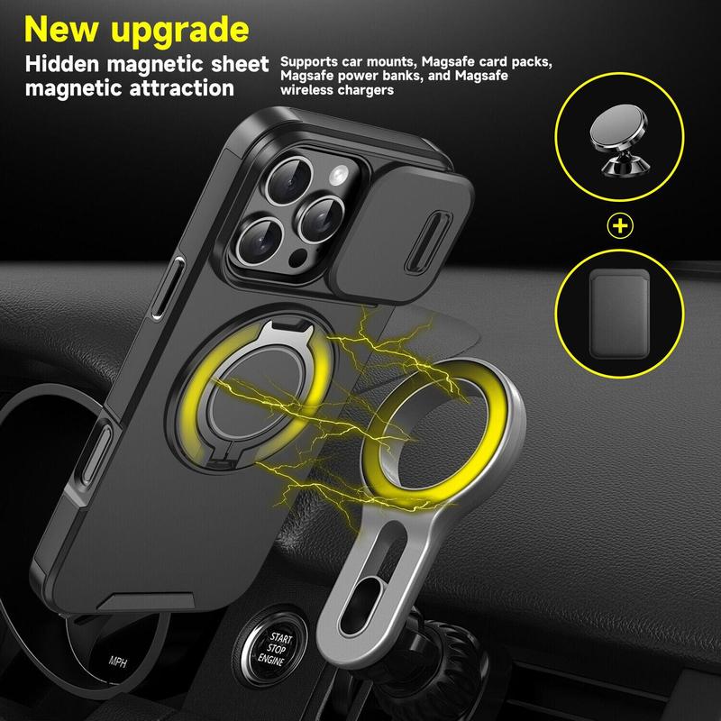 Case with Slide Camera Cover & Rotatable Ring Kickstand,  Grade Shockproof Protective Case for iPhone 11/12/13/14/15/16/17 Series
