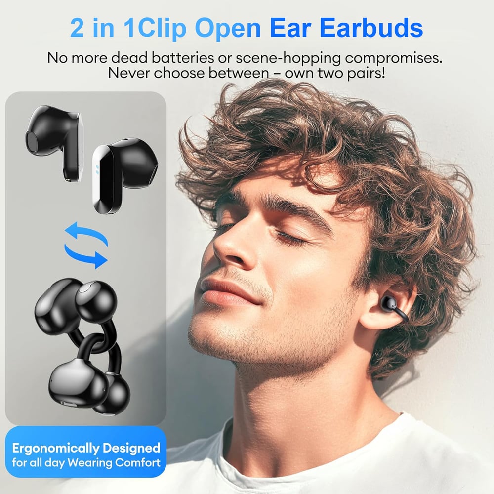 2-in-1 Bluetooth Earbuds – Open-Ear Clip-On & In-Ear Wireless Earphones for Sports & Work