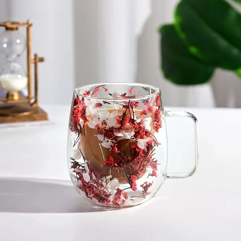 Transparent Double Glass Flower Tea Cup 350 ml